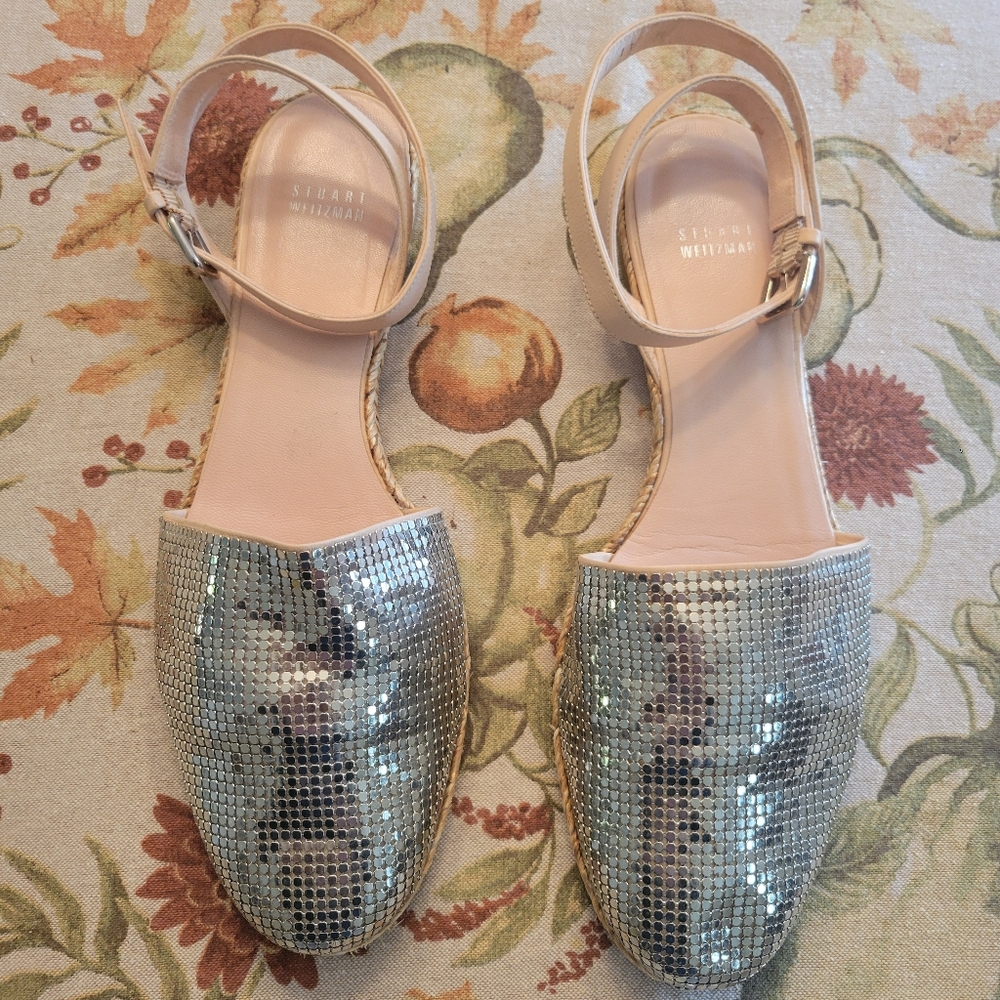 Stuart Weitzman Size 11 Med Roman Mail Armor Espadrilles Silver Mesh Upper.